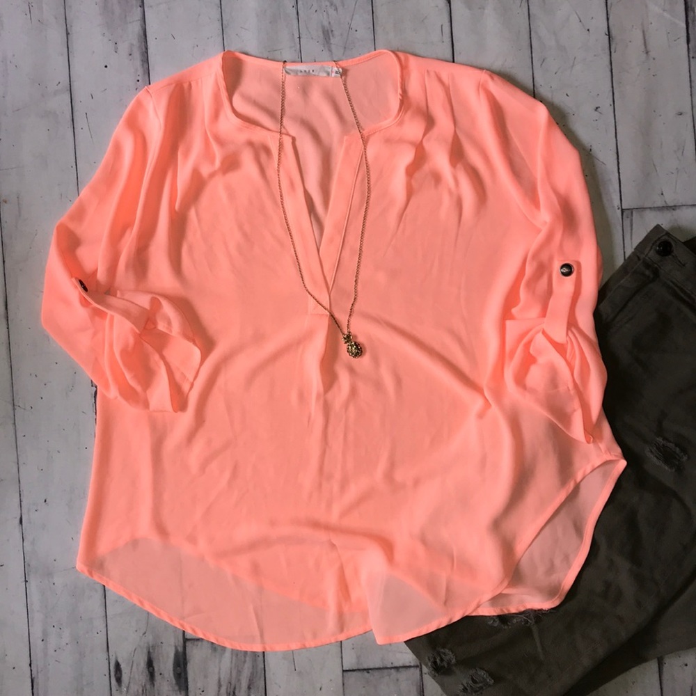LUSH v-neck roll tab blouse